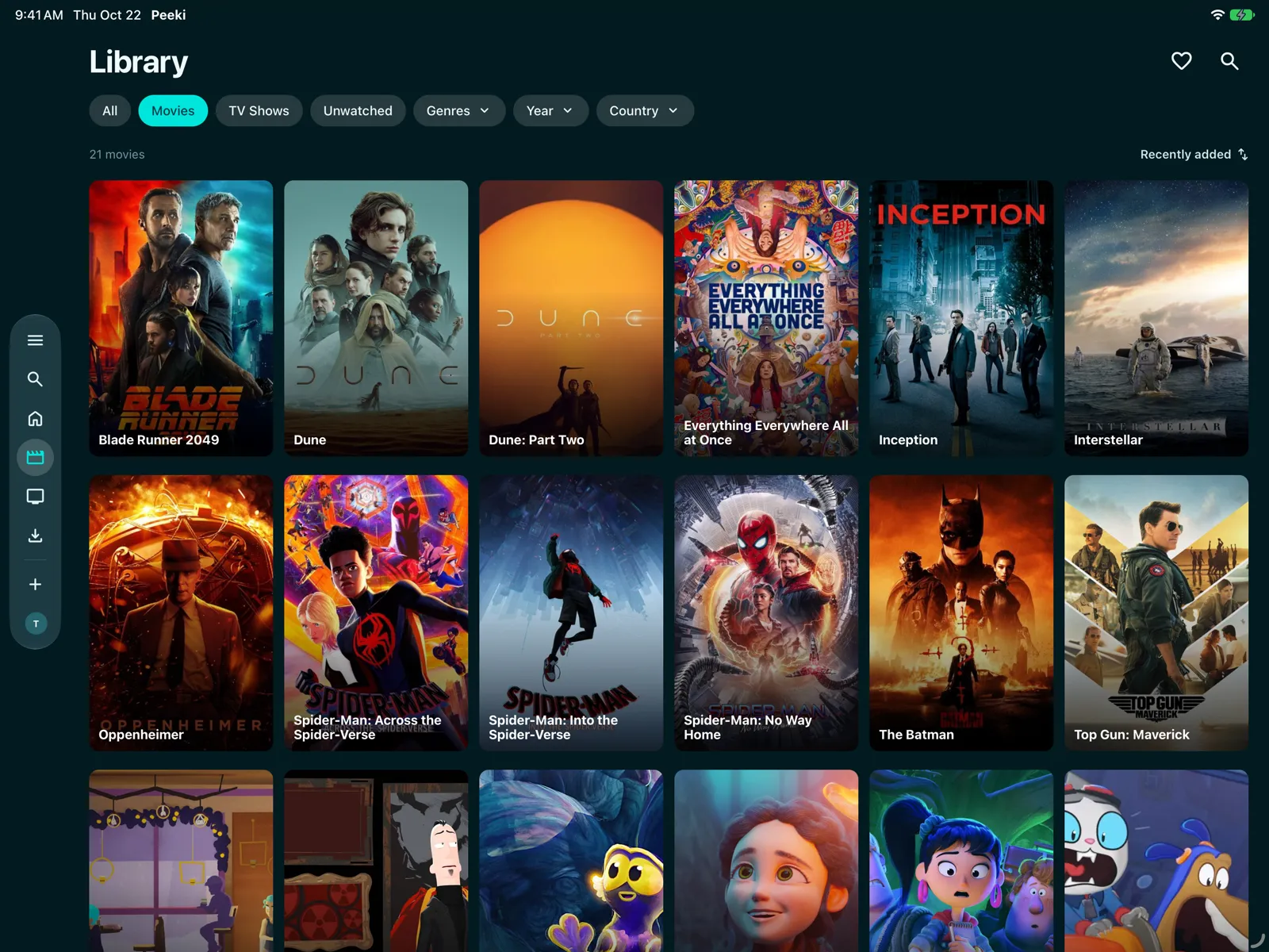 Peeki library with movie posters and film details